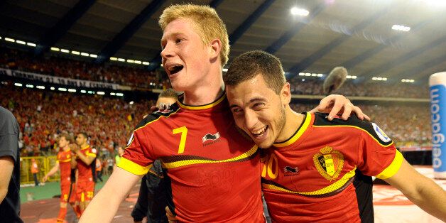 BRUSSELS, BELGIUM - JUNE 07: Kevin De Bruyne of Belgium and Eden Hazard of Belgium celebrates the win during the FIFA 2014 World Cup Group A qualifying match between Belgium and Serbia at the King Baudouin stadium on June 07, 2013 in Brussels, Belgium. (Photo by Nico Vereecken / Photonews via Getty Images)