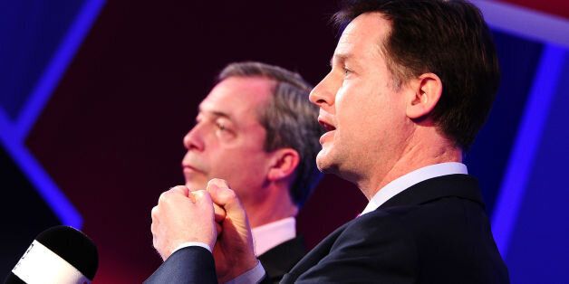 Deputy Prime Minister Nick Clegg (right) and Ukip leader Nigel Farage, hosted by LBC's Nick Ferrari, take part in a debate over Britain's future in the European Union, held at 8 Northumberland Avenue, London.