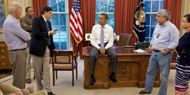 Barack Obama (L) meets with senior advisors (L-R) Vice President Joe Biden, Rob Nabors, Assistant to the President for Legislative Affairs, OMB Director Jack Lew, Pete Rouse, Counselor to the President, and Senior Advisor Valerie Jarrett in the Oval Office to discuss ongoing efforts in the debt limit and deficit reduction talks July 31, 2011 in Washington, DC. Obama announced that congressional leaders had reached