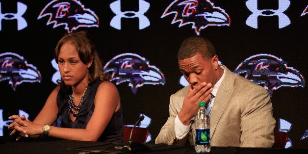 OWINGS MILLS, MD - MAY 23: Running back Ray Rice of the Baltimore Ravens pauses while addressing a news conference with his wife Janay at the Ravens training center on May 23, 2014 in Owings Mills, Maryland. Rice spoke publicly for the first time since facing felony assault charges stemming from a February incident involving Janay at an Atlantic City casino. (Photo by Rob Carr/Getty Images)