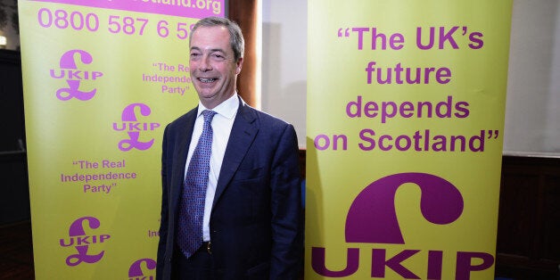 EDINBURGH, SCOTLAND - MAY 09: UK Independence Party leader Nigel Farage talks to journalists during European election campaigning on May 9 , 2014 in Edinburgh. The UKIP leaderhas predicted that his party will win a seat for the first time in Scotland in the European Parliament elections. (Photo by Jeff J Mitchell/Getty Images)