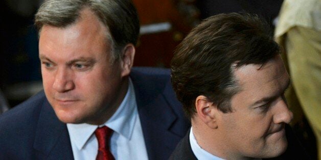 Britain's Chancellor of the Exchequer George Osborne (R) and shadow chancellor Ed Balls attend the State Opening of Parliament, in the House of Lords at the Palace of Westminster in London May 8, 2013. REUTERS/Toby Melville (BRITAIN - Tags: BUSINESS POLITICS)