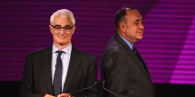 GLASGOW, SCOTLAND - AUGUST 25: Alex Salmond (R) First Minister of Scotland and Alistair Darling (L) chairman of Better Together take part in a live television debate by the BBC in the Kelvingrove Art Galleries on August 25, 2014 in Glasgow, Scotland. Tonight is the second time the two politicians have gone head to head answering questions from members of the audience on key issues on Scottish independence. The referendum will take place on 18th September when the nation will be asked to vote ye
