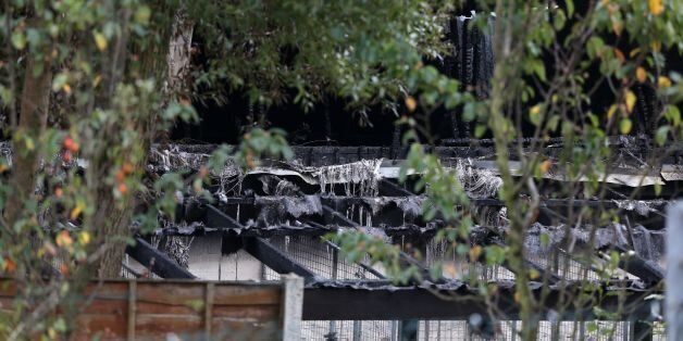 The scene at Manchester Dogs Home, Manchester, after a blaze killed more than 50 dogs.