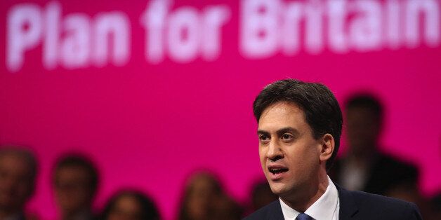 Ed Miliband, leader of the U.K. opposition Labour Party, addresses delegates at the party's annual conference in Manchester, U.K., on Tuesday, Sept. 23, 2014. Miliband will today offer voters a 10-year vision of the U.K. if his opposition Labour Party wins power in next year's general election, focusing on bread-and-butter issues such as housing, jobs and pay. Photographer: Chris Ratcliffe/Bloomberg via Getty Images