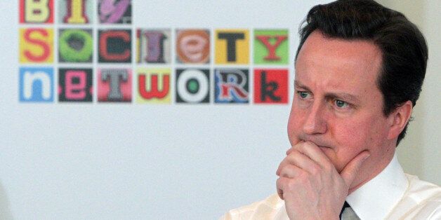 British Prime Minister David Cameron makes a speech on the 'Big Society' to social entrepreneurs at Somerset House in London Monday Feb. 14, 2011. Cameron summed up the aims of the 'Big Society', saying: