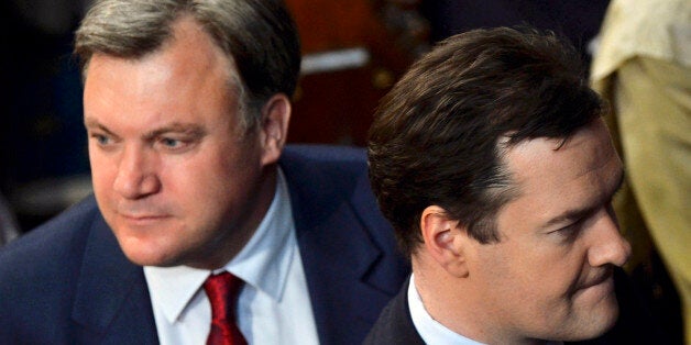 Chancellor of the Exchequer George Osborne and shadow chancellor Ed Balls attend the State Opening of Parliament, in the House of Lords at the Palace of Westminster in London.