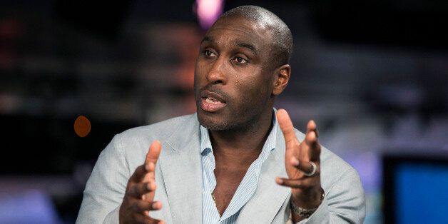 Sol Campbell, a former Premier League soccer player for Arsenal, and captain of the England football team, speaks during a Bloomberg Television interview in London, U.K., on Friday, March 14, 2014. Campbell spoke about his recently published autobiography and his time as England captain. Photographer: Simon Dawson/Bloomberg via Getty Images