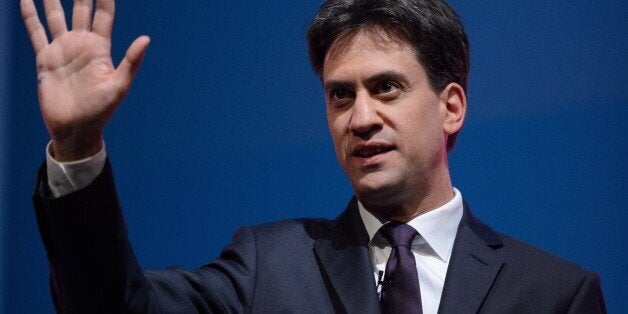 Labour Party leader Ed Miliband introduces New York Mayor Bill De Blasio (not pictured) in the main hall at Manchester Central, in Manchester on September 24, 2014 on the fourth day of the Labour Party conference. At the final party conference before the May 2015 general election, Labour Party leader Ed Miliband set out six key goals he hoped to achieve in office within a decade, to build a 'world-class Britain'. AFP PHOTO/LEON NEAL (Photo credit should read LEON NEAL/AFP/Getty Images)