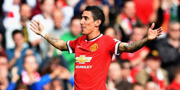 MANCHESTER, ENGLAND - OCTOBER 05: Angel Di Maria of Manchester United celebrates scoring the first goal during the Barclays Premier League match between Manchester United and Everton at Old Trafford on October 5, 2014 in Manchester, England. (Photo by Michael Regan/Getty Images)