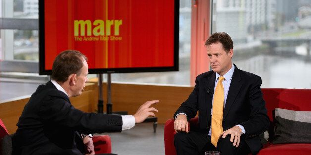Nick Clegg, Deputy Prime Minister and leader of the Liberal Democrats, appears on the Andrew Marr show at BBC Scotland Pacific Quay on October 5, 2014 in Glasgow, Scotland. Liberal Democrat activists and supporters started gathering in the city yesterday for their final conference before the general election. (Photo by Jeff J Mitchell/Getty Images)