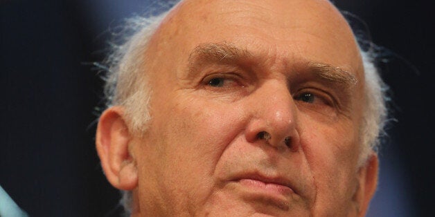 GLASGOW, SCOTLAND - OCTOBER 06: Business secretary Vince Cable delivers his keynote speech to delegates during the Liberal Democrat Autumn conference at the SECC on October 6, 2014 in Glasgow, Scotland. During his speech Vince Cable said that the conservatives are 'obsessed' with spending cuts, and that many public services were already 'cut to the bone'. (Photo by Christopher Furlong/Getty Images)