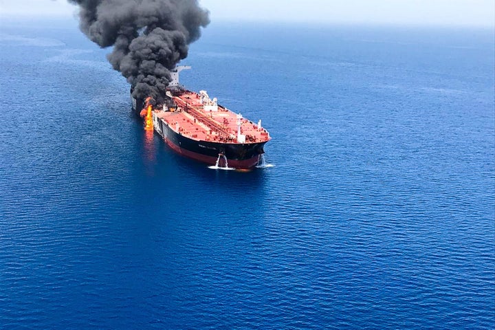  An oil tanker is on fire in the sea of Oman, Thursday, June 13, 2019. 