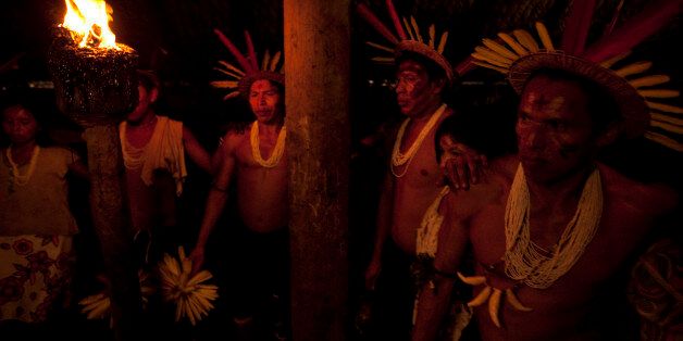 Barasana men transformed through ritual and the ingestion of yage into the ancestors dance for three days and nights in honor of Cassava woman, Rio Piraparana, Vaupes Department, Colombia, 2009. (Photo by Wade Davis/Getty Images)