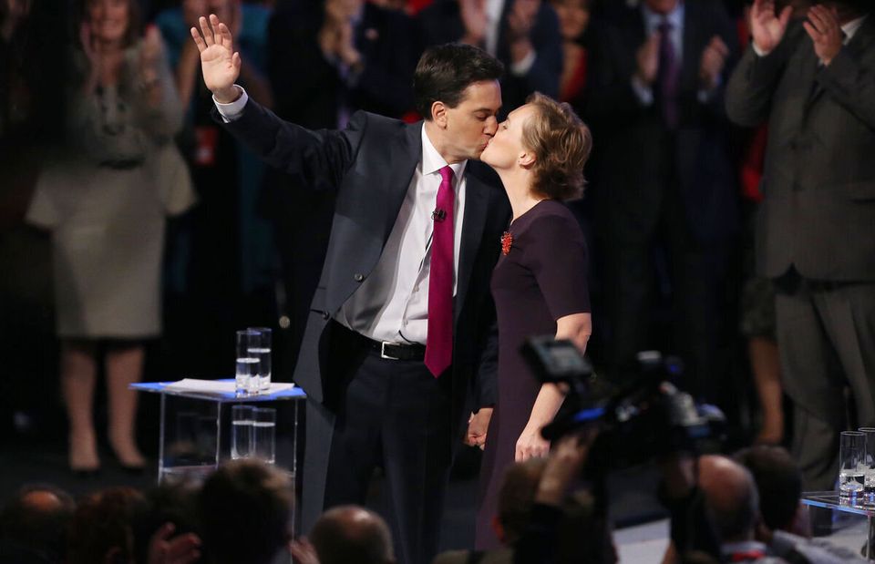 Labour Party leader Ed Miliband kisses his wife Justine