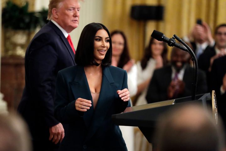 Kim Kardashian appears in the East Room of the White House on Thursday.