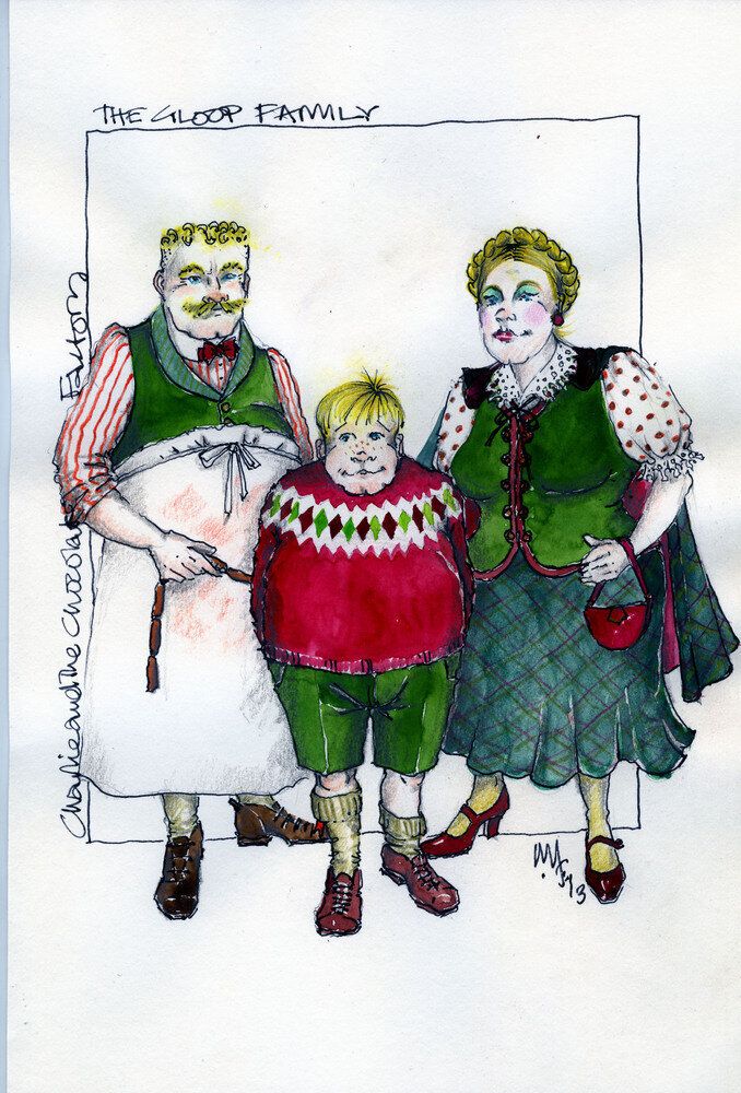 Mark Thompson's CATCF design sketch for Augustus Gloop and parents
