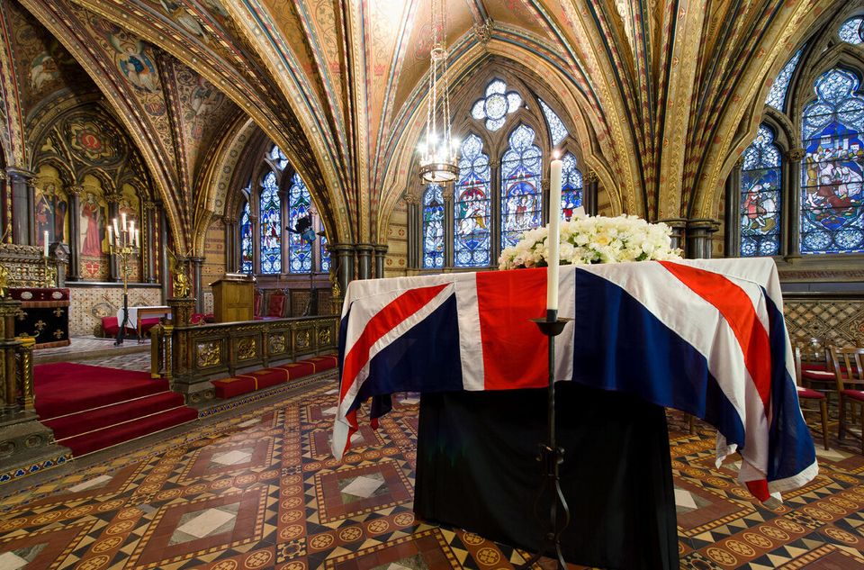 The coffin of British former prime minister Margaret Thatcher rests in the Crypt Chapel of St Mary Undercroft beneath the Houses...
