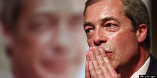 SOUTH SHIELDS, ENGLAND - APRIL 30: UK Independence Party (UKIP) Leader Nigel Farage addresses members of the public during a political meeting at the Armstrong Hall as he canvasses for votes during the local election on April 30, 2013 in South Shields, England. The UK Independence party leader, Nigel Farage, said that his party faced 'one or two teething problems' with its 17000 candidates for Thursday's local elections after the suspension of UKIP candidate Alex Wood, who was photographed making a Nazi salute. (Photo by Christopher Furlong/Getty Images)