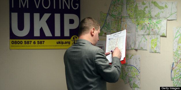 EASTLEIGH, HAMPSHIRE - FEBRUARY 22: A UKIP party activist checks maps in the office for local candidate Diane James as they campaign for the forthcoming by-election on February 22, 2013 in Eastleigh, Hampshire. The by-election is being fought for the former seat of ex-Liberal Democrat MP Chris Huhne and will be held on February 28, 2013. (Photo by Matt Cardy/Getty Images)