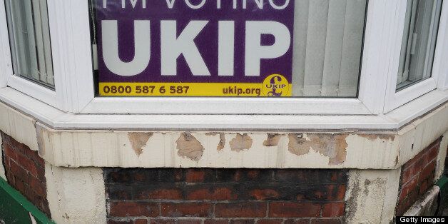 SOUTH SHIELDS, ENGLAND - MAY 02: A UKIP posted is displayed in a house window on the day that voters head to the polls on May 2, 2013 in South Shields, England. The by-election was triggered after the former foreign secretary David Miliband announced that he was resigning from the House of commons in order to leave Britain and head up the New York based International Rescue Committee humanitarian organisation. (Photo by Ian Forsyth/Getty Images)