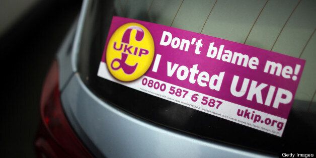 EXETER, ENGLAND - MARCH 23: Stickers supporting the UKIP party are seen on cars parked outside at the UKIP 2013 Spring Conference being held in the Great Hall, Exeter University on March 23, 2013 in Exeter, England. Buoyed by recent successes including the by election in Eastleigh where they came second, the UK Independence party is claiming it is the only one with alternative policies and a vote for UKIP is no longer just a protest vote. (Photo by Matt Cardy/Getty Images)