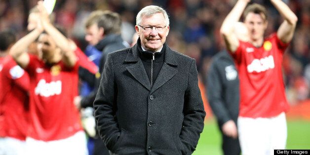 MANCHESTER, ENGLAND - APRIL 22: Manager Sir Alex Ferguson of Manchester United celebrates at final whistle of the Barclays Premier League match between Manchester United and Aston Villa at Old Trafford on April 22, 2013 in Manchester, England. (Photo by Tom Purslow/Man Utd via Getty Images)