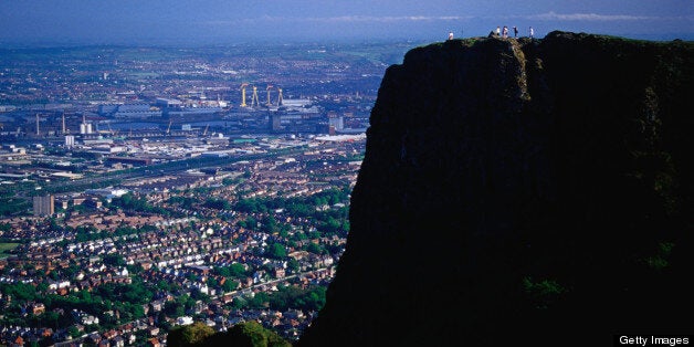 Hikers enjoying the view over Belfast city from Cave Hill, County Antrim, Northern Ireland, United Kingdom, Europe.