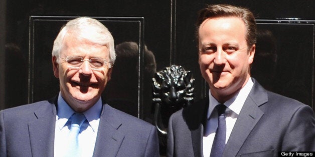 LONDON, ENGLAND - JULY 24: Former Prime Minister John Major and British Prime Minister David Cameron attend lunch hosted by Prime Minister David Cameron at 10 Downing Street on July 24, 2012 in London, England. (Photo by Ferdaus Shamim/WireImage)