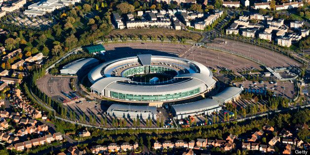 An aerial view of GCHQ Cheltenham, Gloucestershire, UK - GCHQ is the UK Government Communications Headquarters, known locally as the doughnut