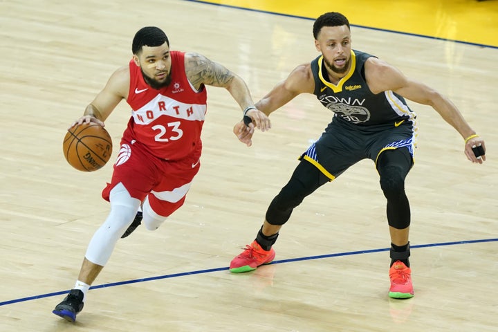Fred VanVleet of the Toronto Raptors is defended by Stephen Curry of the Golden State Warriors during Game 6 of the 2019 NBA Finals at Oracle Arena on June 13, 2019 in Oakland, Calif.