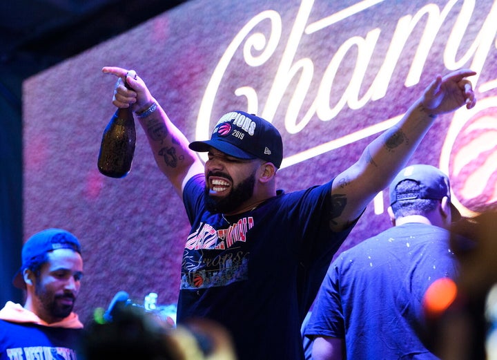 Drake celebrates the Raptors Game 6 victory in the 2019 NBA Finals.