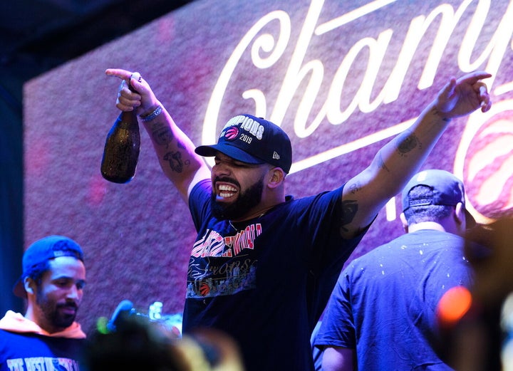 Drake celebrates the Raptors Game 6 victory in the 2019 NBA Finals. 