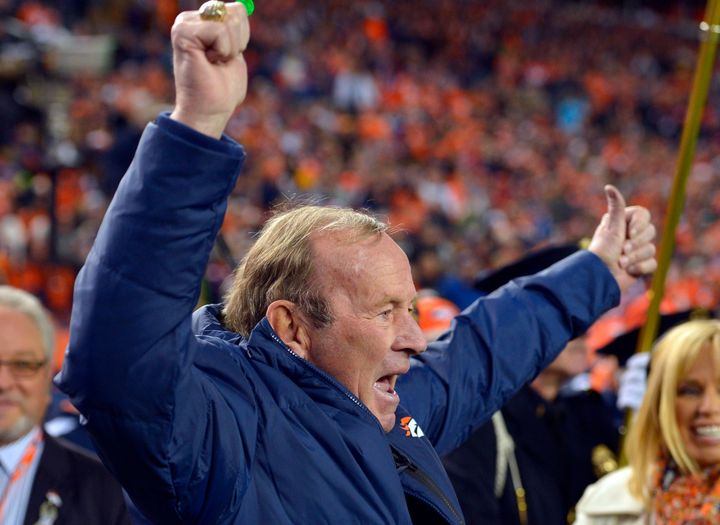 In this 2013 file photo, Denver Broncos owner Pat Bowlen cheers during an NFL football game against the Kansas City Chiefs in Denver. He died on Thursday.