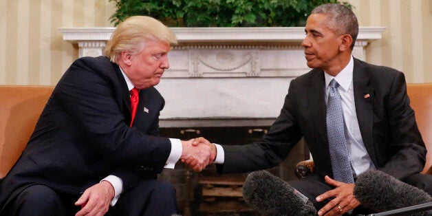 President Barack Obama and President-elect Donald Trump shake hands following their meeting in the Oval Office of the White House in Washington, Thursday, Nov. 10, 2016. (AP Photo/Pablo Martinez Monsivais)