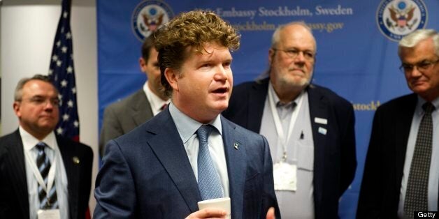 US Ambassador to Stockholm, Matthew Barzun talks during a press conference in Stockholm, on October 21 2010, in connection with the Green Capital conference at the Town Hall. Visible behind Barzun from left are Richard Krawczun, Township Manager, Lawrence Township, New Jersey, USA; Larry MacDonald, Mayor, Bayfield, Wisconsin; Ron Loveridge, Mayor, Riverside, California, USA. AFP PHOTO (Photo credit should read JESSICA GOW/AFP/Getty Images)