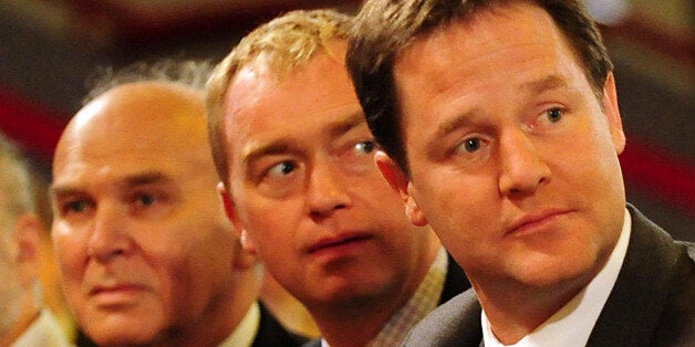 Liberal Democrat Leader and Deputy Prime Minister Nick Clegg (right), President of Liberal Democrats Tim Farron (centre) and Secretary of state for Business Vince Cable (left) at the Liberal Democrat Annual Conference, at the ICC in Birmingham.