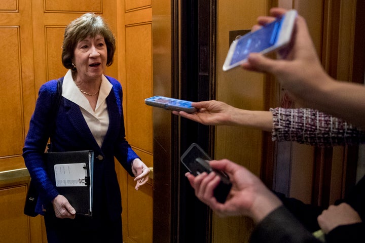 Sen. Susan Collins speaks to reporters following a Senate policy luncheon on Capitol Hill in Washington on April 2.