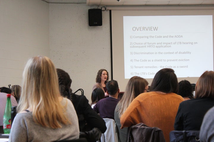 Anna Rosenbluth gives lawyers and paralegals a training on human rights law at a conference set up by the Advocacy Centre for Tenants Ontario in Toronto on June 13, 2019.