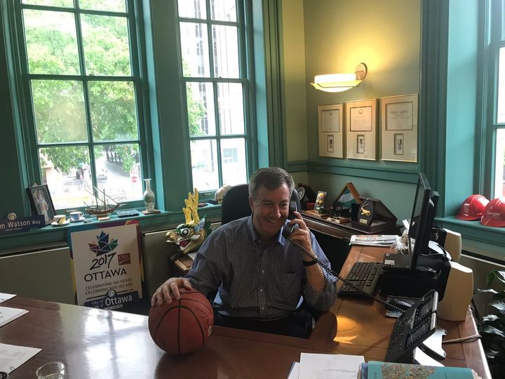 A photo posted to Jim Watson's Twitter account on Friday of him calling Toronto Mayor John Tory and congratulating him on the Raptors becoming NBA champions.