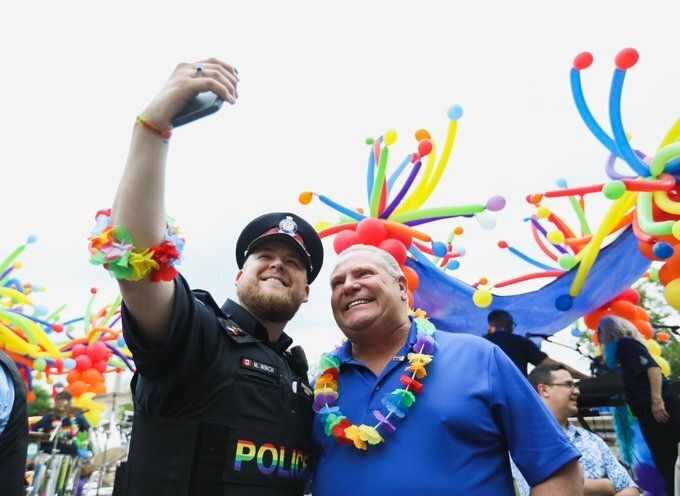 Premier Doug Ford attends the York Region Pride parade in Newmarket, Ont. on June 15, 2019.