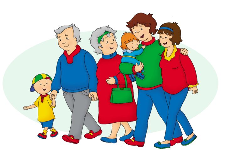 Children's character Caillou, left, with his family. He's getting a lot of attention because of his reported height online.