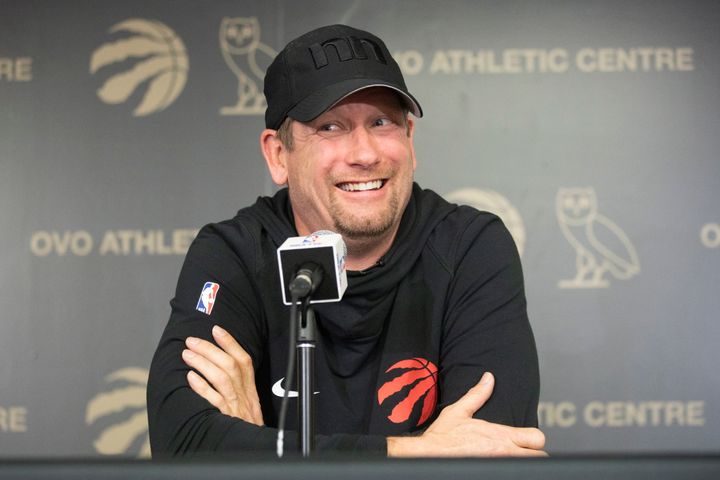 Toronto Raptors head coach Nick Nurse smiles during a news conference in Toronto on Sunday.