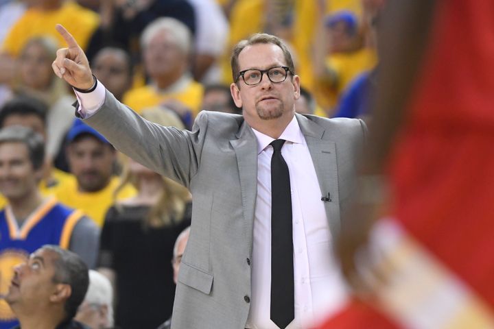 Toronto Raptors coach Nick Nurse signals during the first half against the Golden State Warriors in Game 6 of the NBA Finals on Thursday.