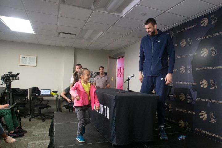 After Marc Gasol was finished speaking to reporters on Sunday, his daughter, Julia, jumped up on the stage to join him.