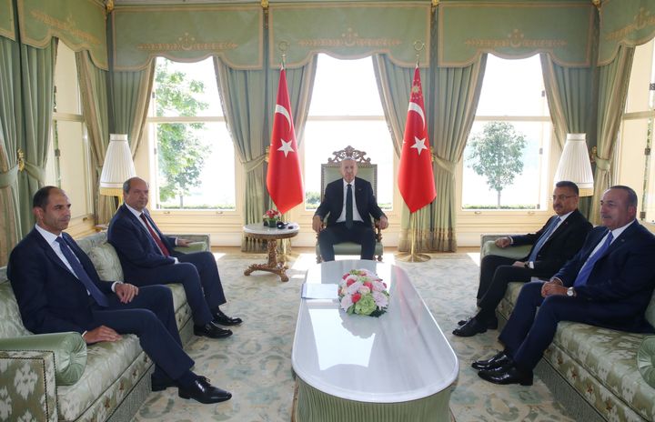 ISTANBUL, TURKEY - JUNE 03 : President of Turkey, Recep Tayyip Erdogan (C) receives Prime Minister of Turkish Republic of Northern Cyprus, Ersin Tatar (L2) at Vahdettin Mansion in Istanbul, Turkey on June 03, 2019. Turkish Vice President Fuat Oktay (R2) and Turkish Foreign Minister Mevlut Cavusoglu (R) also attended the meeting. 