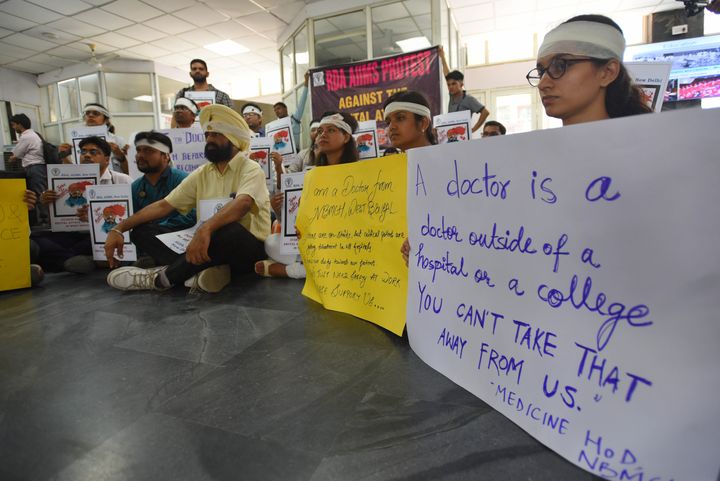 Doctors during a sit-in protest at AIIMS Hospital, on 14 June 2019 in New Delhi.