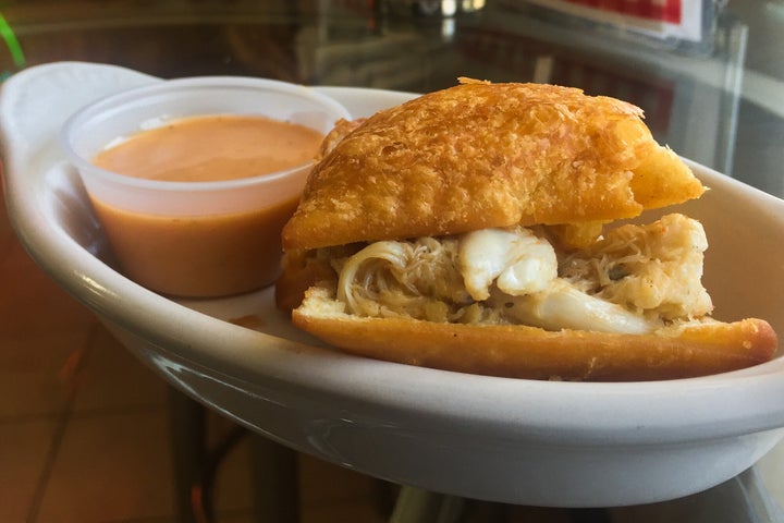 A crabmeat beignet from Loretta's Authentic Pralines in New Orleans