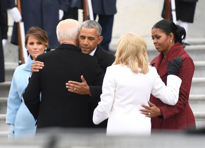 Joe Biden embraces Barack Obama at the 2017 presidential inauguration of Donald Trump.