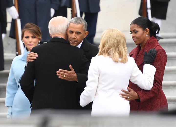 Joe Biden embraces Barack Obama at the 2017 presidential inauguration of Donald Trump.